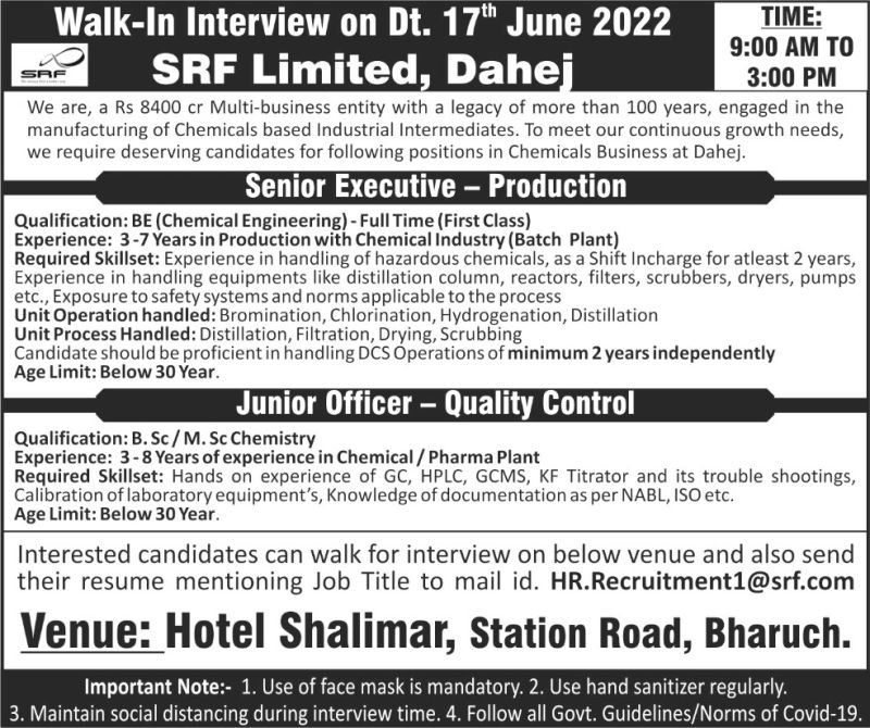 Job Available's for SRF Ltd Walk-In Interview for BE Chemical Engineer/ BSc/ MSc Chemistry