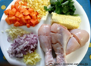 Chicken drumstick,ginger, onion,garlic, carrot,corn kernel, moringa leaves and corn cob