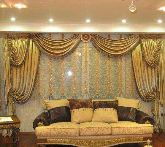 modern style living room window  curtain designs with golden drape and textured walls, with tulle fabric underneath the drape