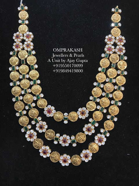 Three Layer Lakshmi Kasu Mala with Diamonds