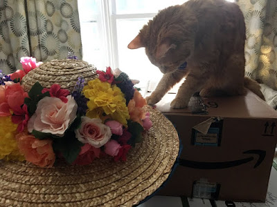 A backlit orange tabby cat, sitting on an Amazon box and inspecting a a large-brimmed sunhat decorated with a dense crown of bright-yellow, peach, coral, pale-pink, and purple flowers with one paw delicately placed just at the edge of the brim.