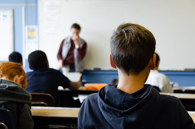 A classroom from behind with boys at desks and a casually dressed teacher in front of a white board. 