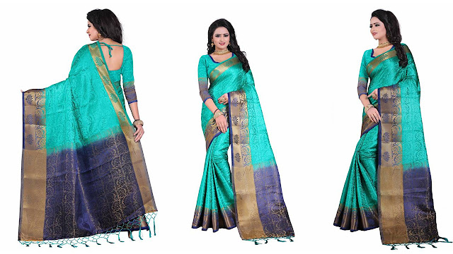 Bombey Velvat Fab Self Design, Embellished, Solid, Applique, Paisley, Woven, Striped, Checkered Daily Wear Cotton Silk, Jacquard, Cotton, Silk Saree  (Dark Blue, Green)