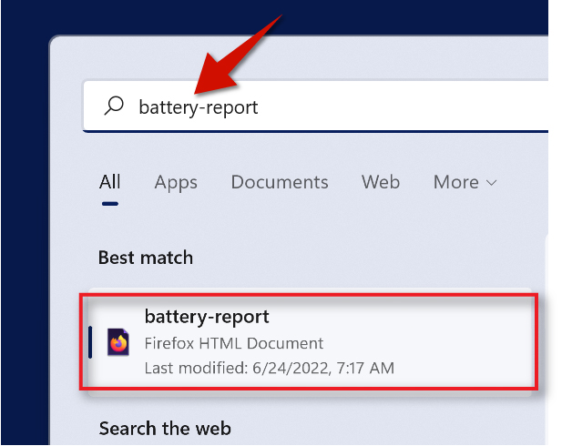 Select Battery Report from the results after search for it.