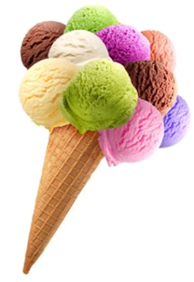 six colorful scoops of ice cream on a waffle cone