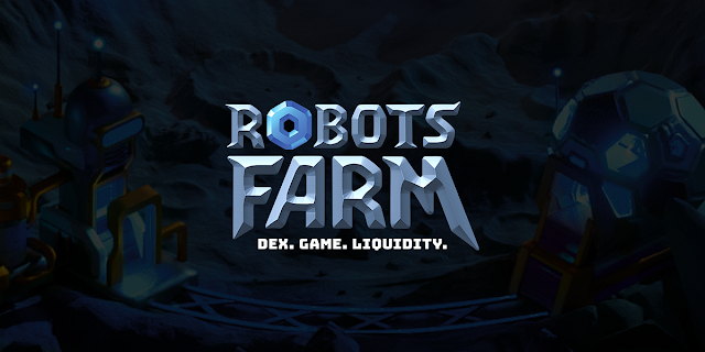 There is written Robots Farm in the picture with a black background