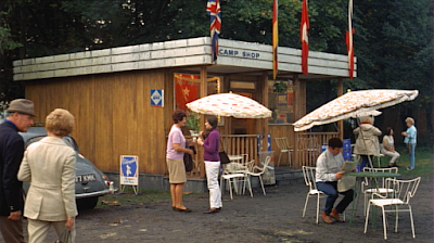 carry on camping, film, movie, cinema, 1969, britain, england, comedy, fun, humour, innuendo, camping, campsite, shop, cafe, 1960s, style, exterior