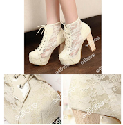 Beige Laceup Women Pumps Flower Lace High Heels Lady Platform Ankle Boots .