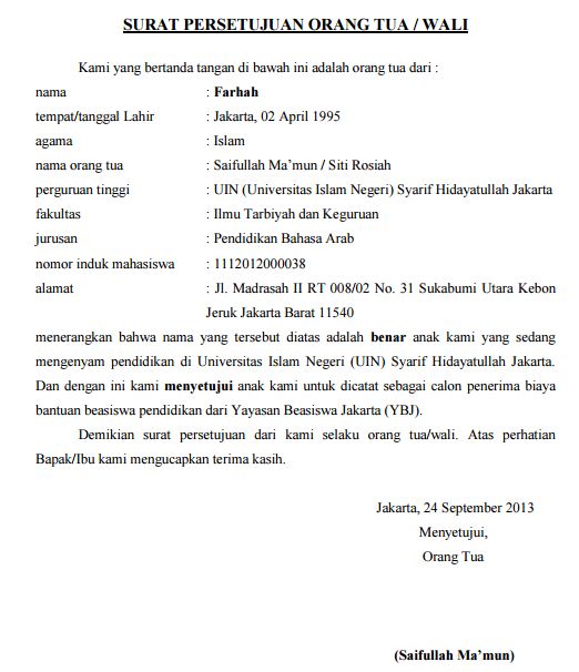 Contoh Surat Persetujuan Orang Tua / Wali Beasiswa Mahasiswa