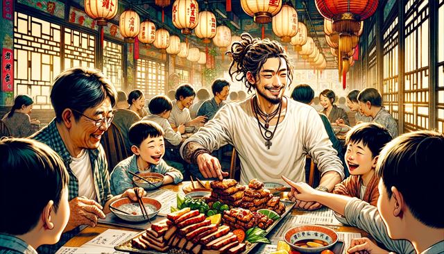 A Japanese man with casual clothing and dreadlocks is enjoying a meal with friends and their family at a traditional Chinese restaurant. The scene is set in a vibrant, bustling dining area filled with the aroma of delicious food. The man is smiling as a young boy points excitedly at a dish known as “梁菜扣肠” (Mei Cai Kou Rou), a succulent dish resembling pork belly or tender char siu. The atmosphere is warm and inviting, with a sense of shared joy over a favorite dish. The illustration is rich in detail, capturing the essence of a joyful dining experience in a technical art style.