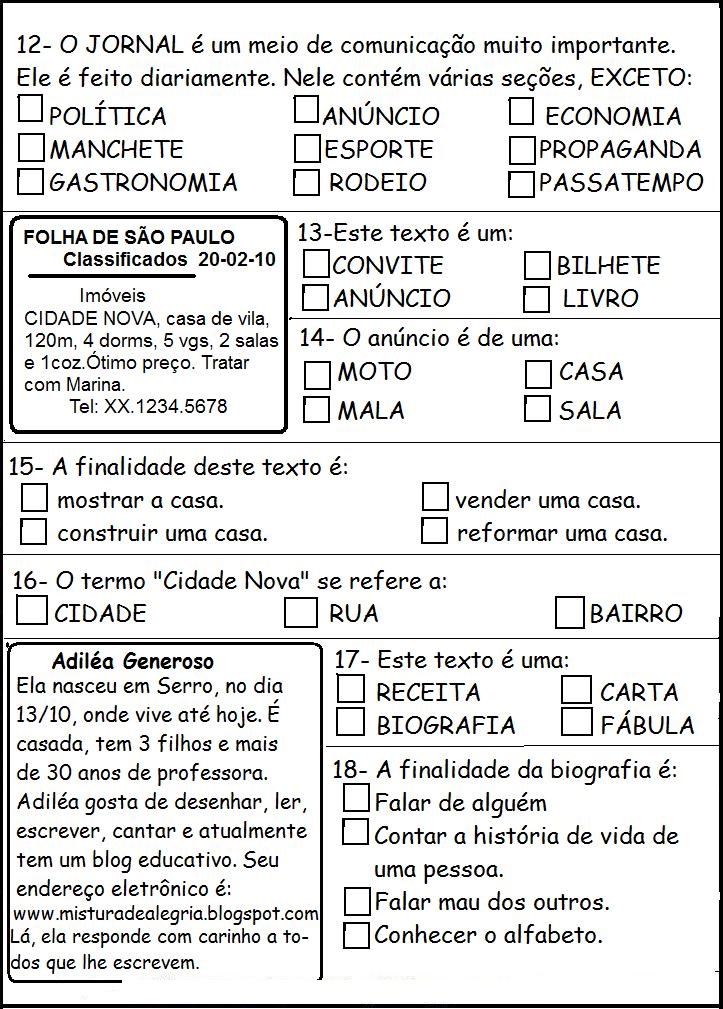 Atividades de Interpretação de Texto 3º ano Para Imprimir