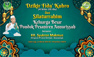 Almukarrom KH. Muhammad Nuru Sholeh selaku Ketua Pembina Yayasan sekaligus pengasuh Pengasuh Pondok Annuriyyah  Almukarrom KH. Syukron Makmun selaku Pembicara Yth. Camat Rambipuji, Kapolsek Rambipuji beserta Kepala Desa Kaliwining  Yang kami ta’dzimi para alim ulama, dzurriyat beserta asatidz/asatidzah Yang kami hormati pula para undangan dan hadirin yang berbahagia Selaksa puja bagi yang Maha Terpuja. Segala puji bagi yang Maha Terpuji. Rasa khusyuk dan tawadhu’, rasa  syukur kepada Allah al-Ghofur,karenanya sebagai insan yang berbekal iman di hati sepantasnyalah kita ungkapkan rasa puji syukur kehadirat Allah sang Robbu izzatih, yang maha pengasih nan tak pernah pilih kasih, pencipta dan penguasa seisi galaksi bima sakti dan Dialah Tuhan yang Maha sakti.  Biqouli Alhamdulillah kepada Allah Yang Esa, Tuhan yang maha kuasa lagi maha perkasa, Dzat yang kekal nan tak kan pernah binasa, atas segala limpahan karunia yang begitu agung tiada terhingga sehingga kita senantiasa dapat bermuwajjahah guna merajut tali silaturrohmi yang diridhoi dan penuh barokah islami khususnya dalam bingkai acara “Dzikir Fida Kubro dan Silaturrahim Keluarga Besar Pondok Pesantren Annuriyyah” dalam suasana ukhuawah Islamiyah. Butiran  mutiara sholawat nan salam hening nan abadi senantiasa kita sembahkan kepada kearifan nabi agung Muhammad saw, sang mahkota junjungan alam. Nabi Penyempurna Syariah Islam yang syafatnya senantiasa kita harapkan siang dan malam. Sang insan pembawa perubahan dari zaman kebodohan menuju zaman peradaban dalam cahaya ke-Islaman. Berkat keelokan akhlak dan teladannya hingga saat ini kita masih dapat membedakan antara yang hak dan yang bathil di tengah kehidupan yang semakin jauh dari nilai keislaman. Menjadi satu asa yang tercita mudah-mudahan kita senantiasa mendapatkan syafa’atnya ila yaumil kiyamah, amin. Hadirin yang kami hormati… Di sini tepatnya hari Sabtu Tanggal 11 Maret 2023/18 Sya’ban 1444 H  dalam bingkai acara “Dzikir Fida Kubro dan Silaturrahim Keluarga Besar Pondok Pesantren Annuriyyah” resmi kami buka dengan serangkaian acara sebagai berikut: 1.	Pembukaan 2.	Gema wahyu illahi 3.	Dzikir fida kubro 4.	Prakata panitia 5.	Sambutan pengasuh PP Annuriyyah 6.	Lantunan Sholawat Nabi (Mahalul Qiyam) 7.	Mauidhoh Hasanah 8.	Penutup/do’a Bapak ibu yang kami hormati dan hadirin yang berbahagia... Untuk acara yang pertama pembukaan. Marilah acara ini kita buka dengan surah alfatihah dengan harapan acara ini berjalan seiring  dengan ridlo Allah swt, amin. Alfatihah...  Pinggan Belah di Tangga Para Pecah terpukul di atas pena Surat Alfatihah membuka acara Semoga terkabul maksud dan rencana  Hadirin yang kami hormati… Sesungguhnya orang-orang yang beriman itu adalah mereka yang apabila disebut nama Allah, bergetarlah hati mereka, dan apabila dibacakan kepada mereka ayat-ayat Nya bertambah kuatlah iman mereka dan kepada Tuhan lah mereka bertawaqal. (QS Al-Anfal: 2). Hadirin yang kami hormati, sejenak marilah kita mendengarkan dengan khidmat lantunan ayat suci al-Qur’an yang akan dilantunkan oleh Saudari dengan Saritilawah Saudari Kepadanya disilakan. Hadirin Ananda yang bertugas sebagai qori’ah merupakan siswi MTs. Annuriyyah dan Ananda yang bertugas sebagai saritilwah merupakan siswi MA. Annuriyyah. Sungguh kolaborasi yang indah dan menawan hati para pendengarnya. Shodaqallahhul A’dzim…semoga dengan kalam illahi tadi dapat membawa damai dan sejuk di hati. Beruntunglah bagi pengambil I’tibar ayat-ayat suci yang penuh hikmah dan arti. Dan berbahagialah  bagi yang berhasil menikmati kandungan hikmah al Qur’an yang suci. Hadirin yang kami hormati… Untuk menyempurnakan mata rantai acara pada hari ini, marilah kita sempurnakan dengan dzikir fida kubro. Yang dalam hal ini akan dipimpin oleh Agus Sauthul Azkiya’. Kepada beliau kami haturkan. Dihaturkan terima kasih. Hadirin… Dilanjutkan dengan acara selanjutnya prakata panitia. Yang dalam hal ini akan disampaikan oeh ustadz Muhammad Zuhri. Kepada beliau kami haturkan. Dihaturkan terima kasih. Acara berikutnya sambutan Pengasuh PP Annuriyyah. Almukarrom KH Muhammad Nuru Sholeh kami haturkan. Dihaturkan terima kasih. Hadirin… Muhammad bin Abdullah merupakan insan paripurna di dunia. Sang teladan yang tak pernah lekang oleh zaman. Karena itu, sebagai wujud kecintaan kita kepada Rasulullah saw marilah kita sempurnakan acara pada hari ini dengan lantunan sholawat ala nabi. Kepada jam’iyah sholawat Isyfa’ lanaa kami persilakan. Lantunan sholawat tadi sebagai bentuk penghormatan dan rasa cinta kita kepada Rasulullah saw. Teriring do’a yang teruntai dari lubuk hati terdalam semoga kita termasuk golongan orang-orang yang mendapatkan syafaat-nya, amin. Hadirin yang kami hormati… Jenjang acara berikutnya Tauisyah hasanah sekaligus do’a. Almukarrom  KH. Syukron Makmun kami haturkan. Dihaturkan terima kasih. Semoga dengan tausiyah hasanah tadi, dapat meningkatkan keimanan dan ketakwaan kita Allah swt, amin. Hadirin yang kami hormati… Demikian tadi acara Dzikir Fida Kubro dan Silaturrahim Keluarga Besar Pondok Pesantren Annuriyyah telah kita ikuti bersama sembari berdo’a semoga acara ini membawa barokah dan rahmat untuk kita semua, amin. Saya Kusmiarseh selaku pembawa acara mohon pamit undur diri. Terima kasih atas perhatian dan mohon maaf atas segala kekhilafan.  Angin berhembus ke angkasa Hujan indah rintik-rintiknya Jangan salah pilih madrasah Annuriyyah paling tepat rasanya  Akhirul kalam, Wassalamu'alaikum wr.wb.