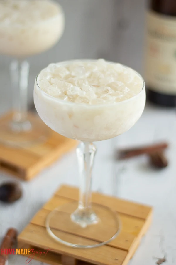 Creamy glass of cremas filled with ice and ready to serve.