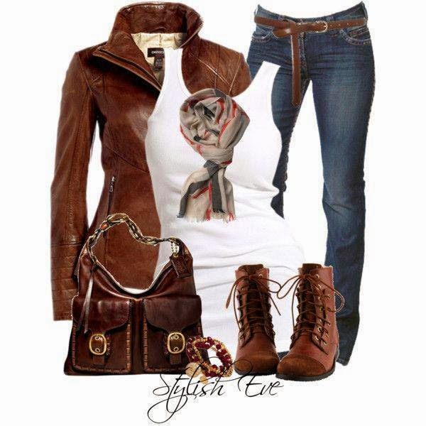 Brown jacket, white blouse, jeans, scarf, handbag and long neck shoes for fall