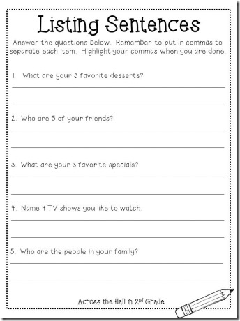 Listing Sentences practice sheet