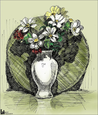 vase with flowers - cross hatching art, pen and ink drawing