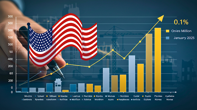 professional image showing a bar or line graph in modern tones (blue, gray and gold) representing the 0.1% increase in US Building Permits in January 2025. The graph should include clear labels on the axes (e.g. 'Number of Permits' and 'Months') and highlight the comparison between actual data (1.483 million units) and market expectations (1.46 million units). In the background, include subtle construction icons, such as cranes, houses or buildings, to contextualize the theme. The image should convey professionalism and clarity, ideal for use in economic articles.