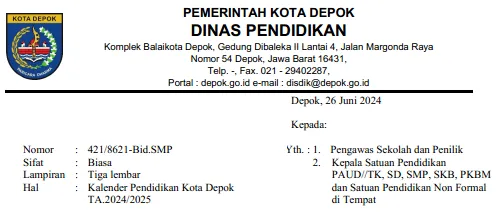 Kalender Pendidikan TK PAUD SD SMP Kota Depok Tahun Pelajaran 2024/2025