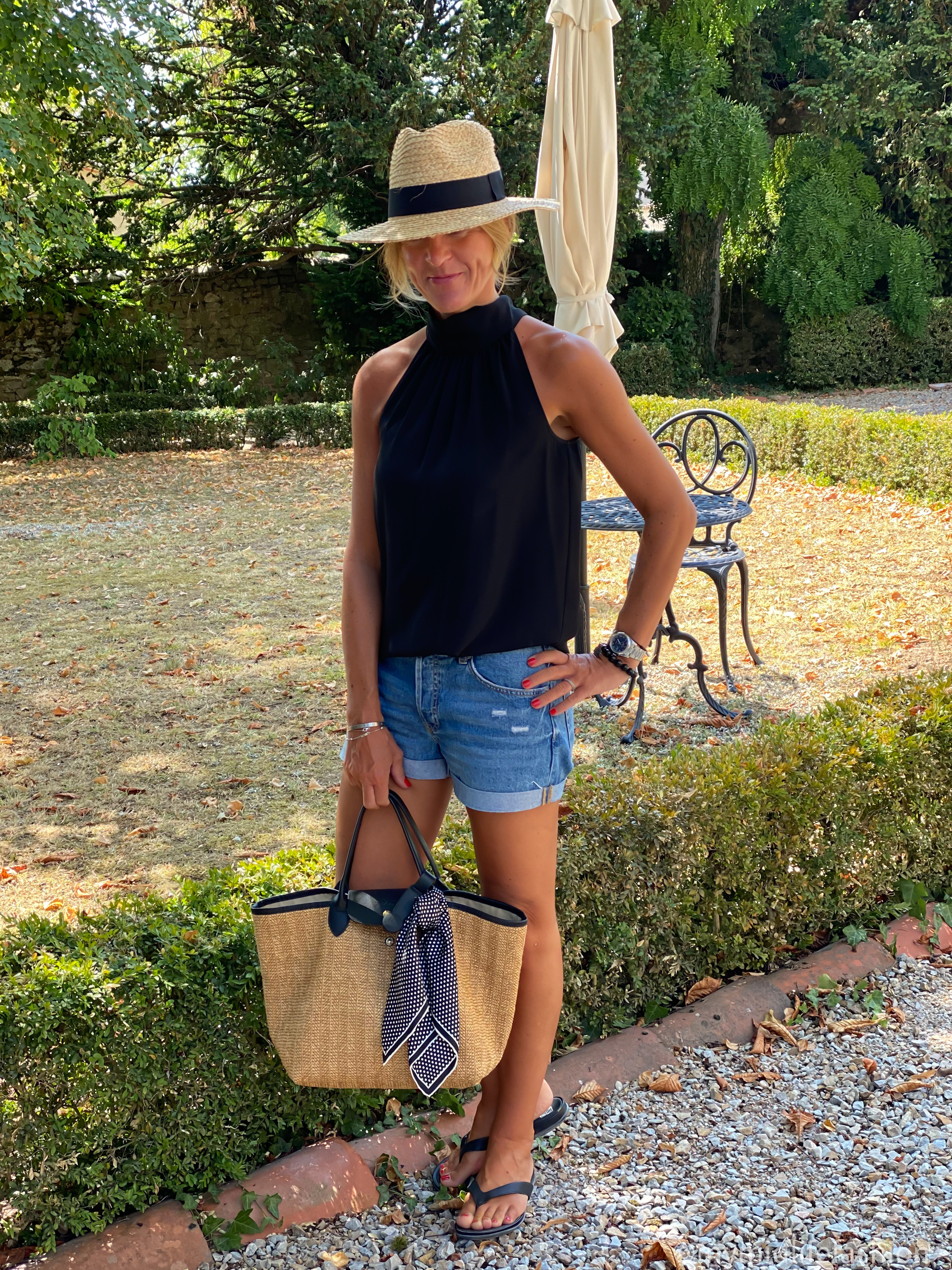 my midlife fashion, Zara Panama hat, j crew halter neck top, longchamp tote, spotted scarf, h and m boyfriend denim shorts, fit flop leather sandals