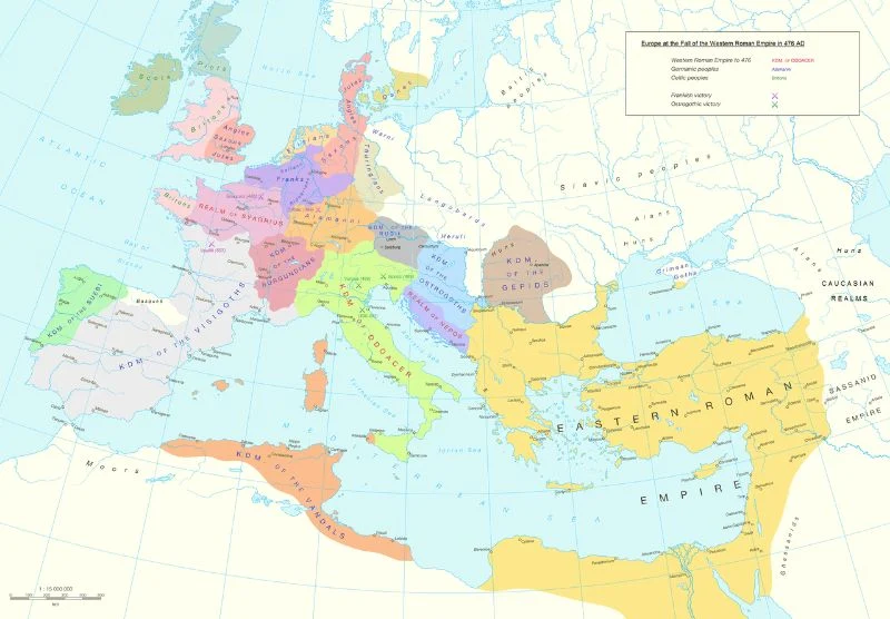 Europa a la caída del Imperio Romano en el 476 d.C. Allemannia en naranja, en el centro