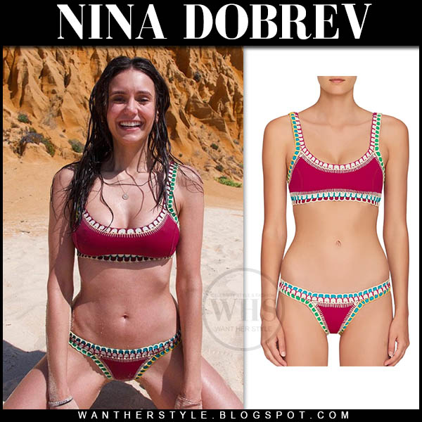 Nina Dobrev in red crochet bikini