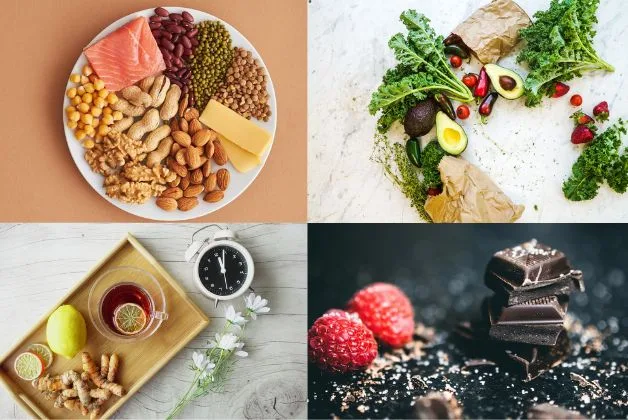 Assortment of Anti-Inflammatory Foods - Avocado, Turmeric, Salmon, Legumes, Nuts, Dark Chocolate, Berries, Leafy Greens, and Herbs