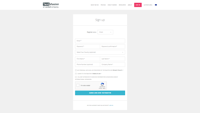 TextMaster registration page