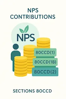 NPS Contribution Tax Benefits – Sections 80CCD(1/1B/2) “Infographic of a growing stack of coins next to a person icon and the NPS logo, with labels ‘80CCD(1)’, ‘80CCD(1B)’, and ‘80CCD(2)’ in green and blue tones.”