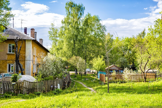 Зеленая лужайка у жилого дома