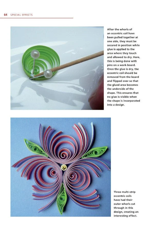 quilling book example page shows a swirled design and construction of an eccentric coil