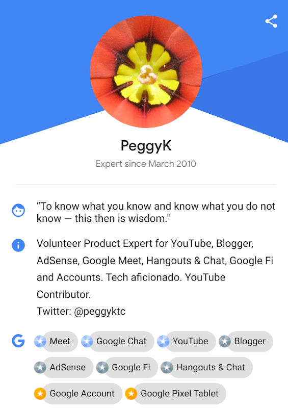 Google Product Expert Profile Card for Peggy K