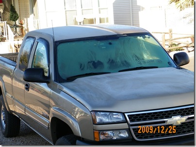 29 degrees Christmas morning at Sunscape RV Resort.. frost on the truck