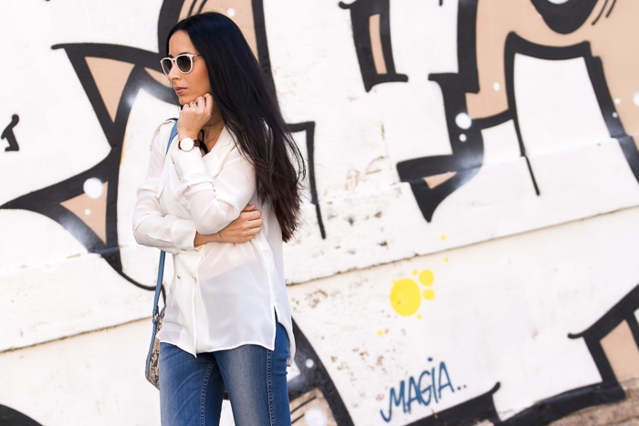 White Double Breasted shirt by Zara and B-Side Jeans by Meltin' Pot