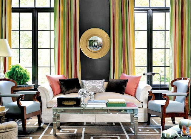 gray pink yellow green design living room mirrored coffee table