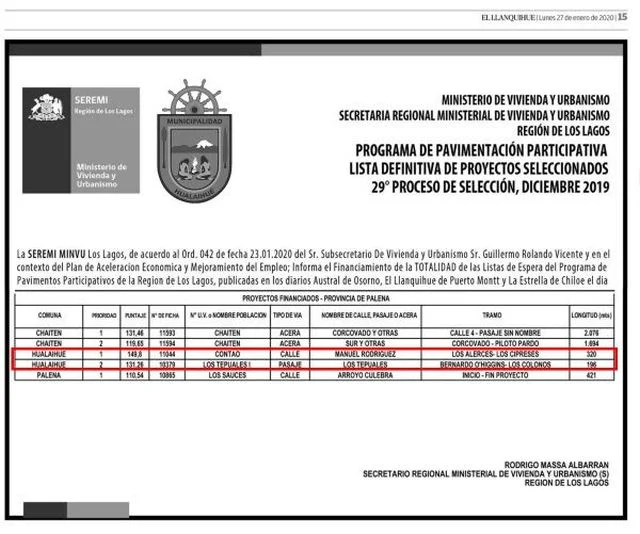 Publicación del listado de proyectos seleccionados en Diario El Llanquihue.