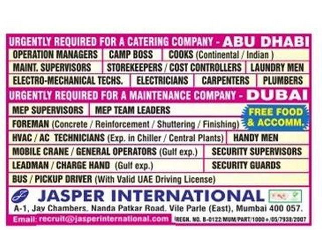 Maintenance company jobs for Abudhabi & Dubai