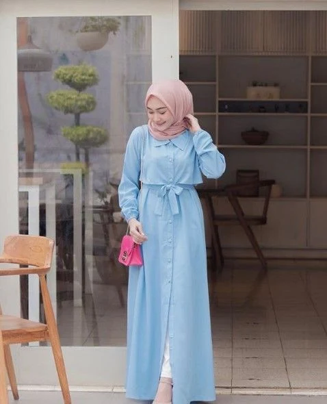Model Baju Gamis Modern Remaja Kekinian Kerah Kancing Depan - Model baju gamis kekinian
