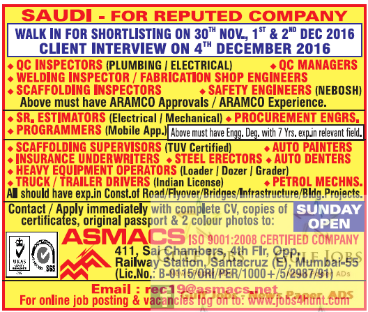 Reputed company Large Job Vacancies for Saudi Arabia