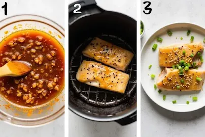Step-by-step images of making Black Cod with Miso, including marinating, broiling, and the finished dish with garnishes.
