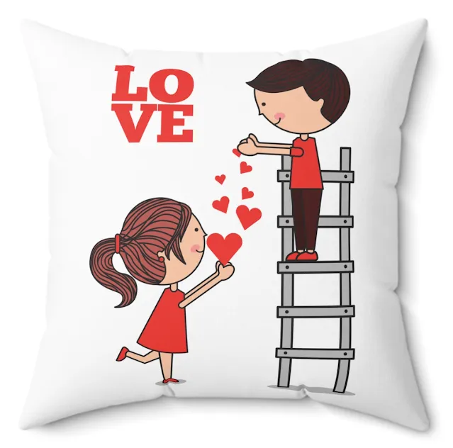 Spun Polyester Square Valentine Pillow With A Boy Is Giving Hearts to a Girl From Ladder and Text Love