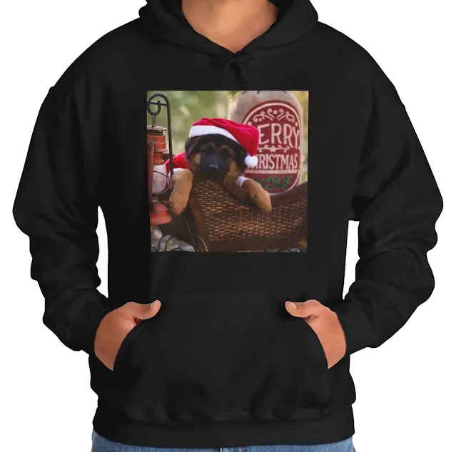 A Christmas Hoodie With Short-Haired Black and Red German Shepherd Puppy Wearing Santa Clause Cap