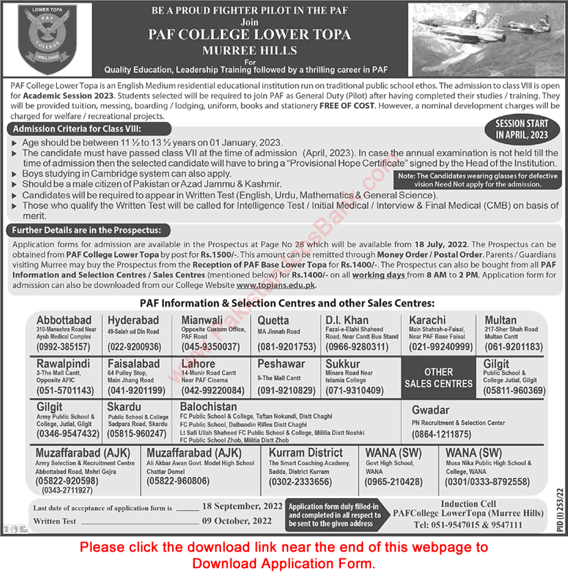 PAF College Lower Topa Murree Admission 8th Class 2022-2023 Join to be a GD Pilot in Pakistan Air Force Jobs in Techjobstrace