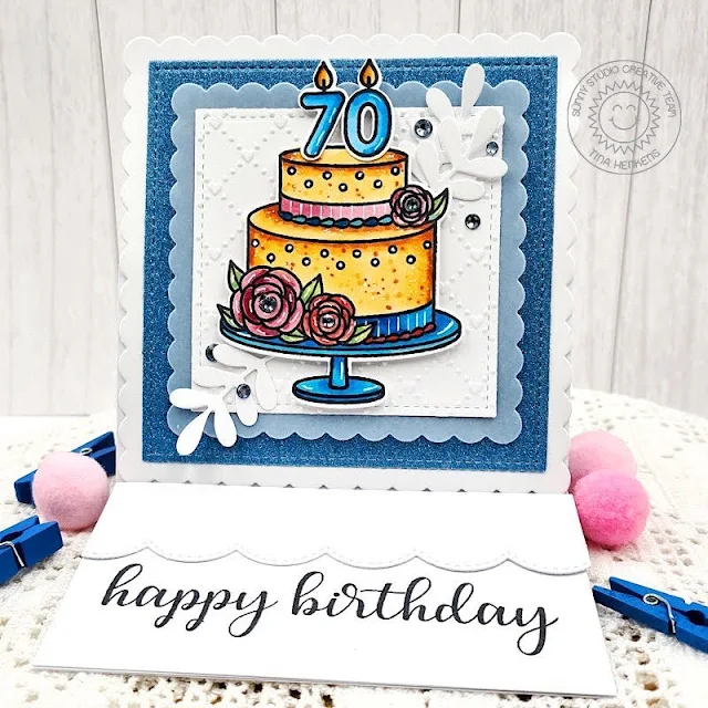 Sunny Studio Stamps: Special Day Birthday Card by Tina Henkens (featuring Scalloped Square Dies, Stitched Square Dies, Everyday Greetings, Ribbon & Lace Border Dies, Winter Greenery)
