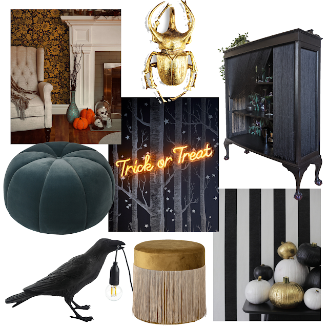 black, bold halloween decor collage images of interiors and quirky halloween styled items