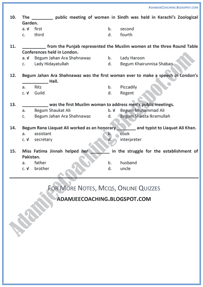 The-Role-of-Women-In-The-Pakistan-Movement-MCQs-English-IX