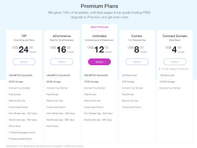 WIX Premium Plans Options