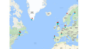Kartta, jossa on merkattuna mm. paikkoja Pohjoismaista, Grönlannista, Skotlannista ja itäisestä Kanadasta