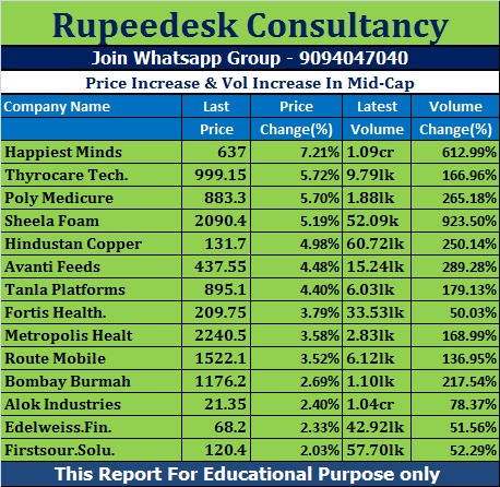 Price Increase & Vol Increase In Mid-Cap