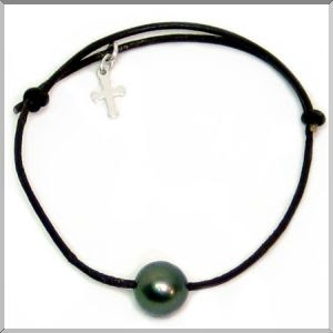 tahitian pearl on black leather men's bracelet