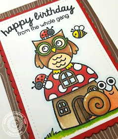 Sunny Studio: Owl & Snail Birthday Card by Lindsey Sams (using Backyard Bugs & Woo Hoo stamps)